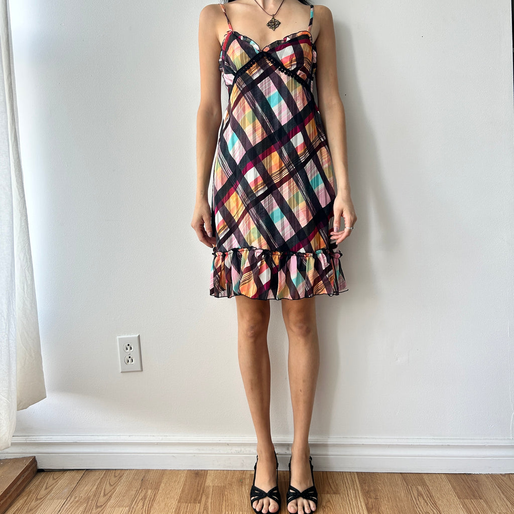 2000s ruffle trim plaid dress by cache cache