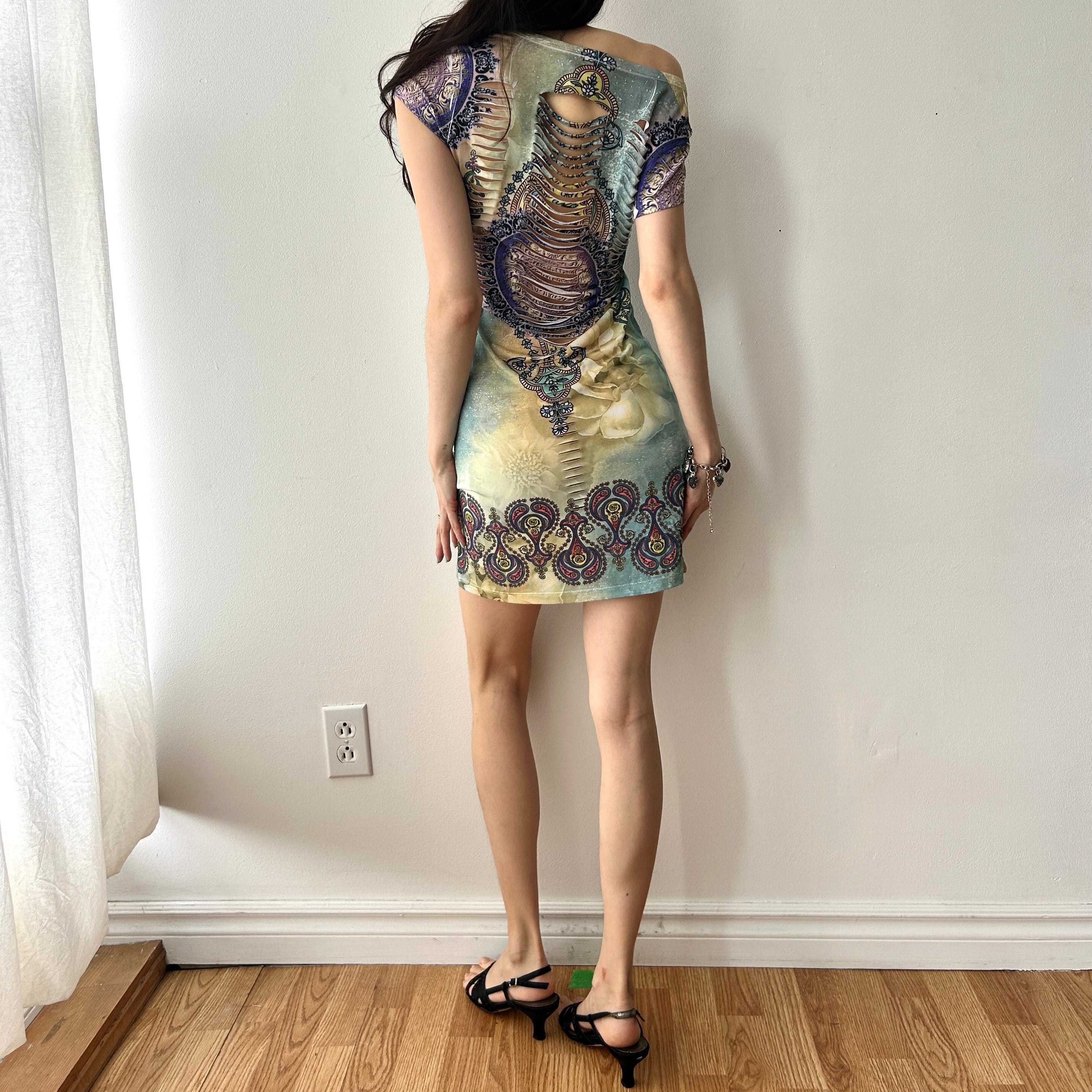 Y2K bedazzled mini dress with slashed back by misko