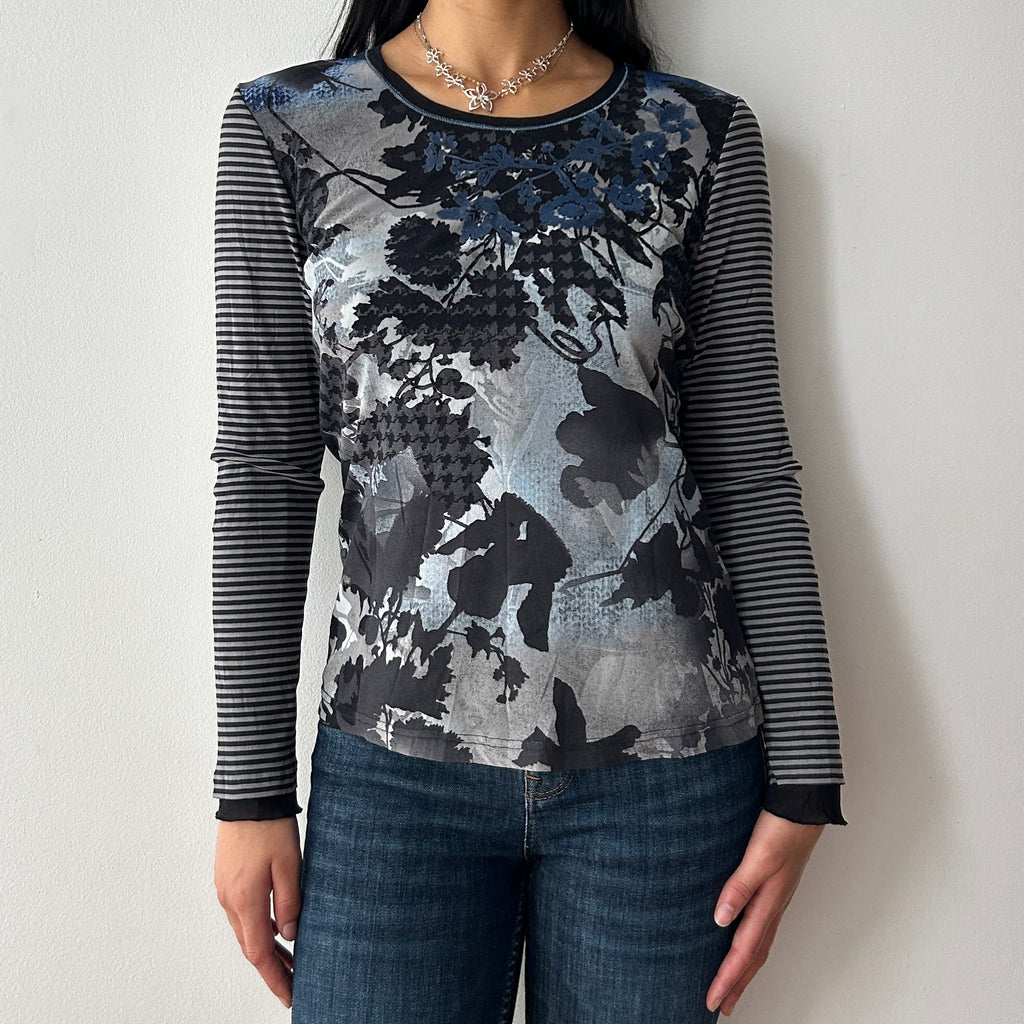 90s floral/striped mesh long sleeve top by taifun