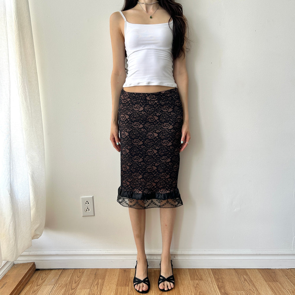Coquette Lace midi skirt with ruffle trim by F21