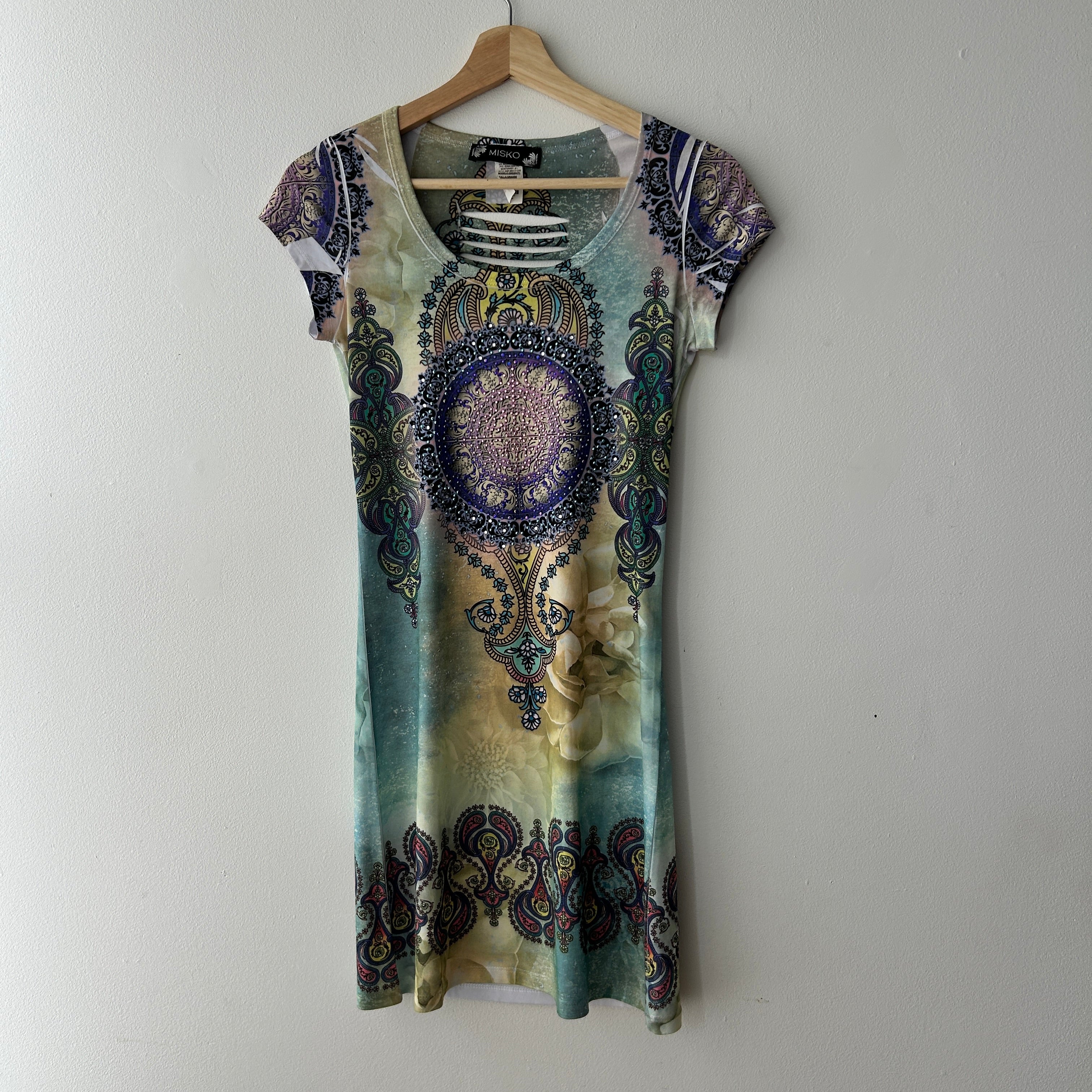 Y2K bedazzled mini dress with slashed back by misko
