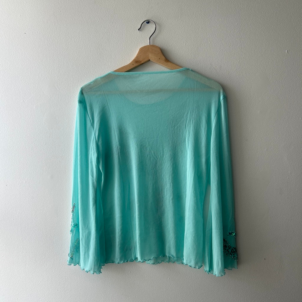 2000s beaded aqua mesh long sleeve top