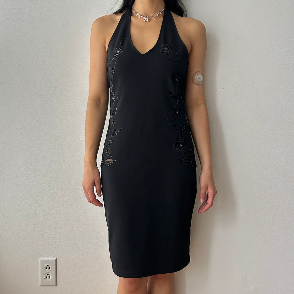 Vintage halter neck dress with floral appliqué by J. Ribkoff couture