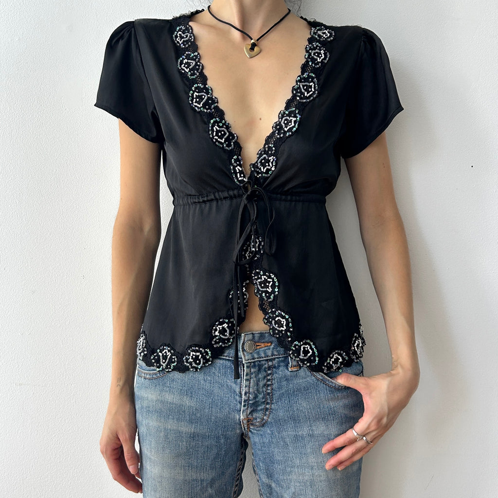 90s lace trim top with sequins