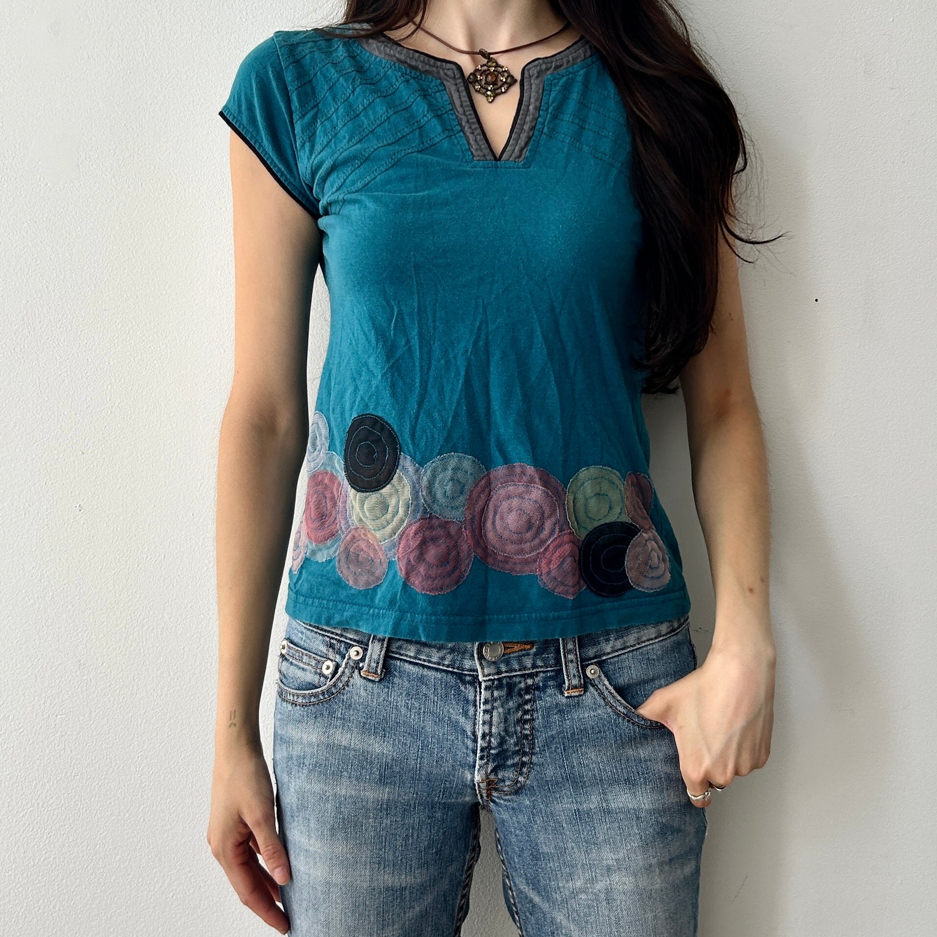 2000s embroidered teal top by kali