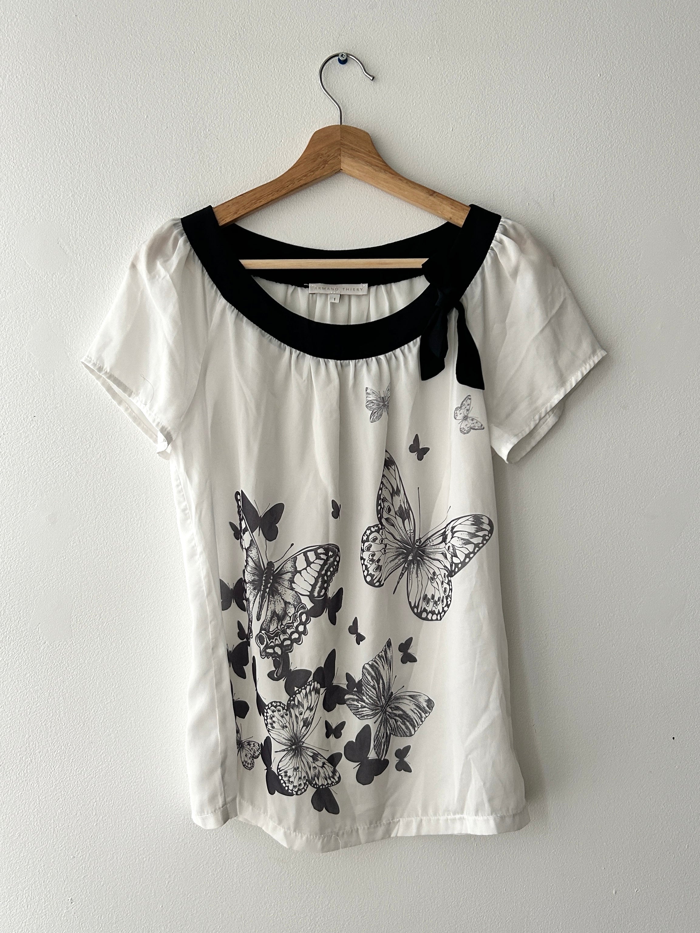 Twee blouse with butterfly print and bow by Armand Thierry
