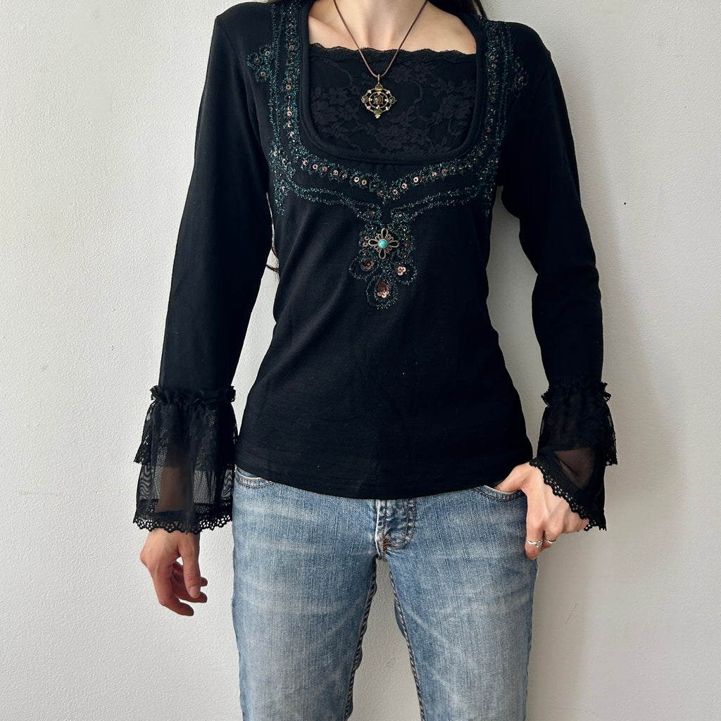 90s beaded lace trim long sleeve top