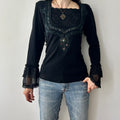 90s beaded lace trim long sleeve top