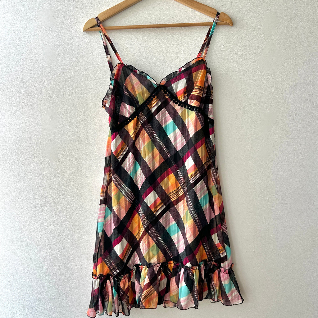 2000s ruffle trim plaid dress by cache cache