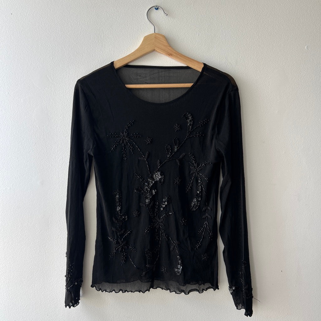 2000s beaded long sleeve black top