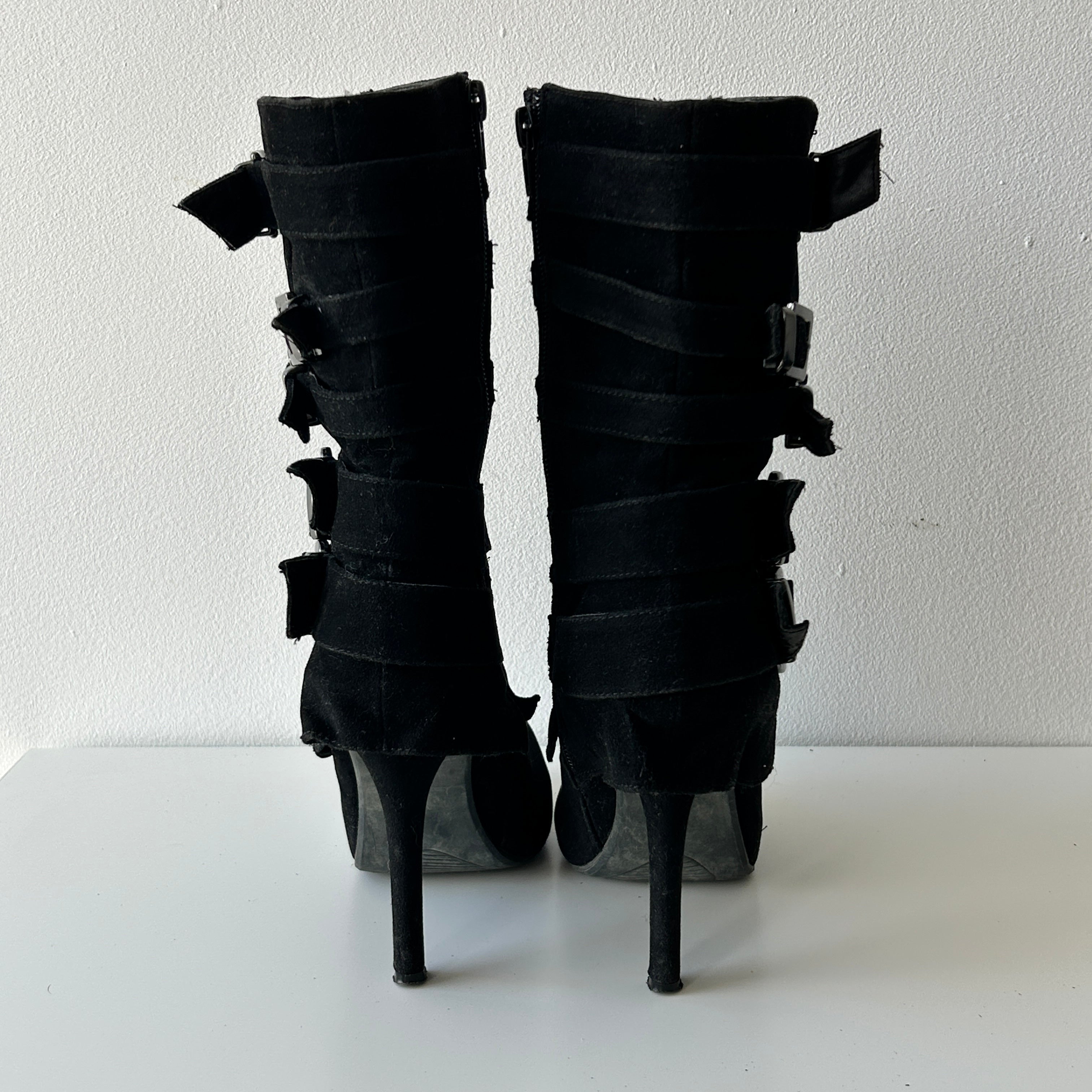 Deadstock belted suede heeled booties by Club Couture