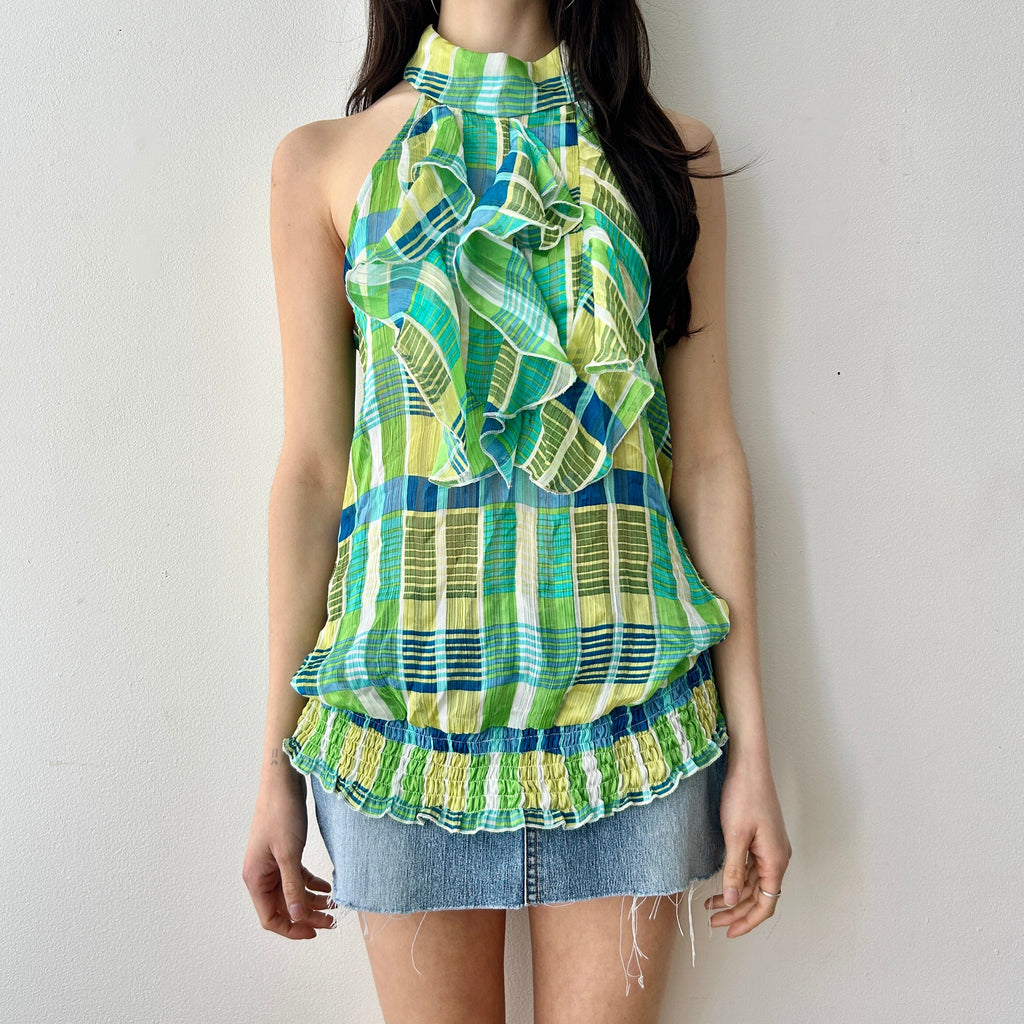 2000s Plaid Ruffle Neck Blouse by Heart Soul