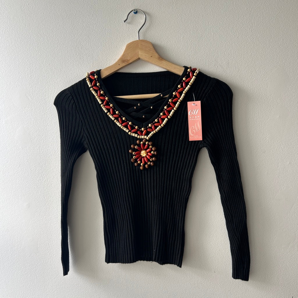 2000s wood beaded knit long sleeve top