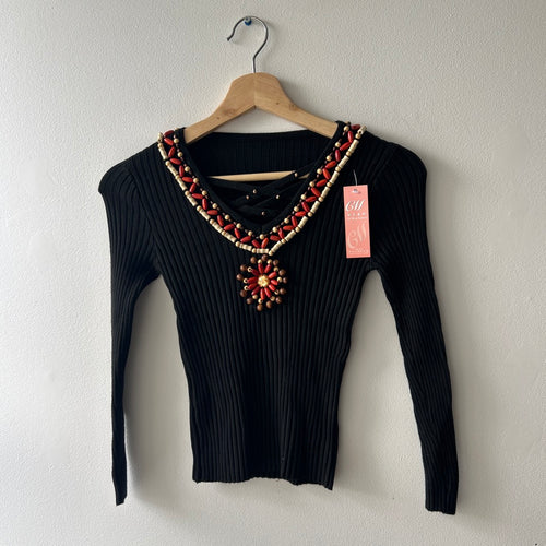 2000s wood beaded knit long sleeve top