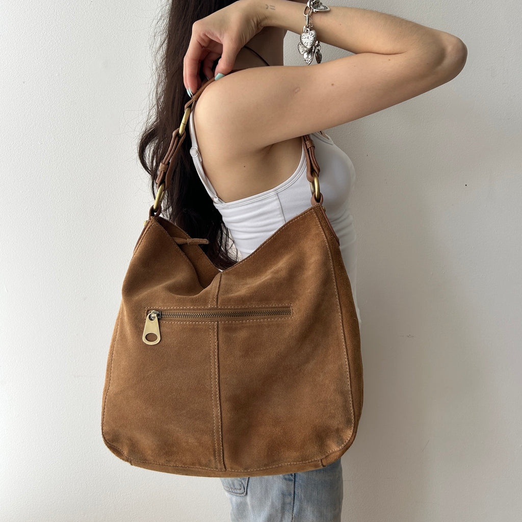 Y2K slouchy brown suede hobo bag by Le Chateau