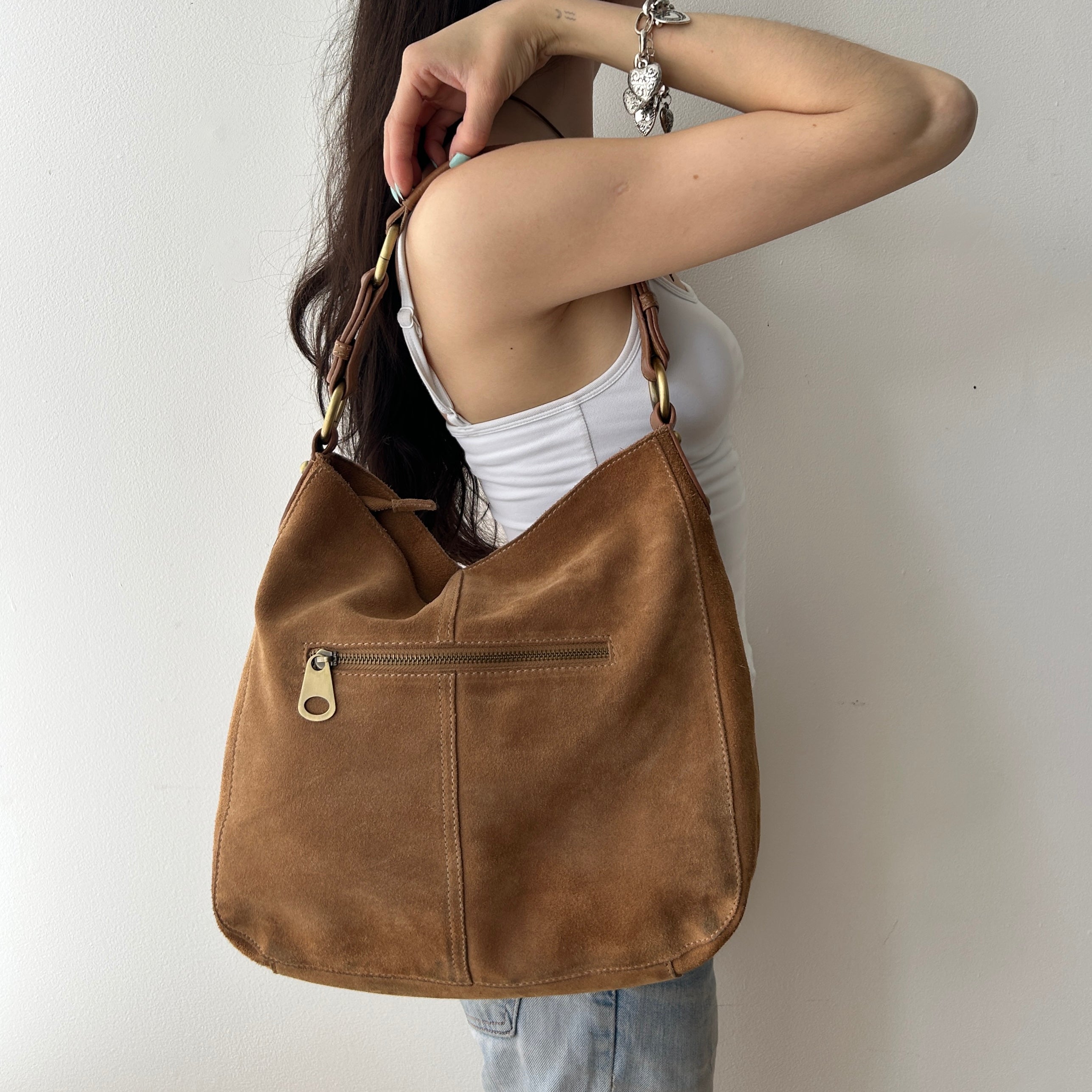 Y2K slouchy brown suede hobo bag by Le Chateau