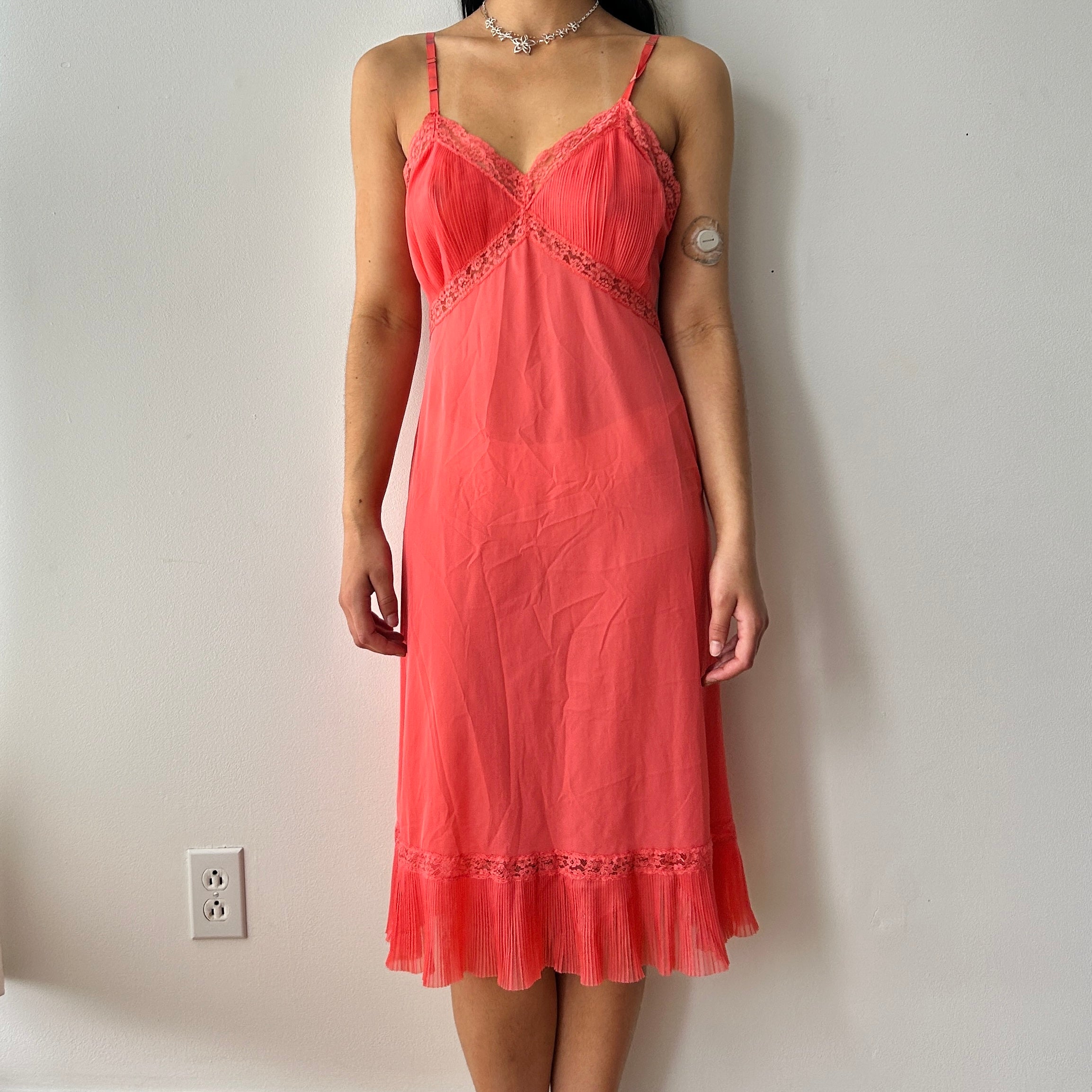 Vintage Coral Pink Slip Dress With Ruffle Hem