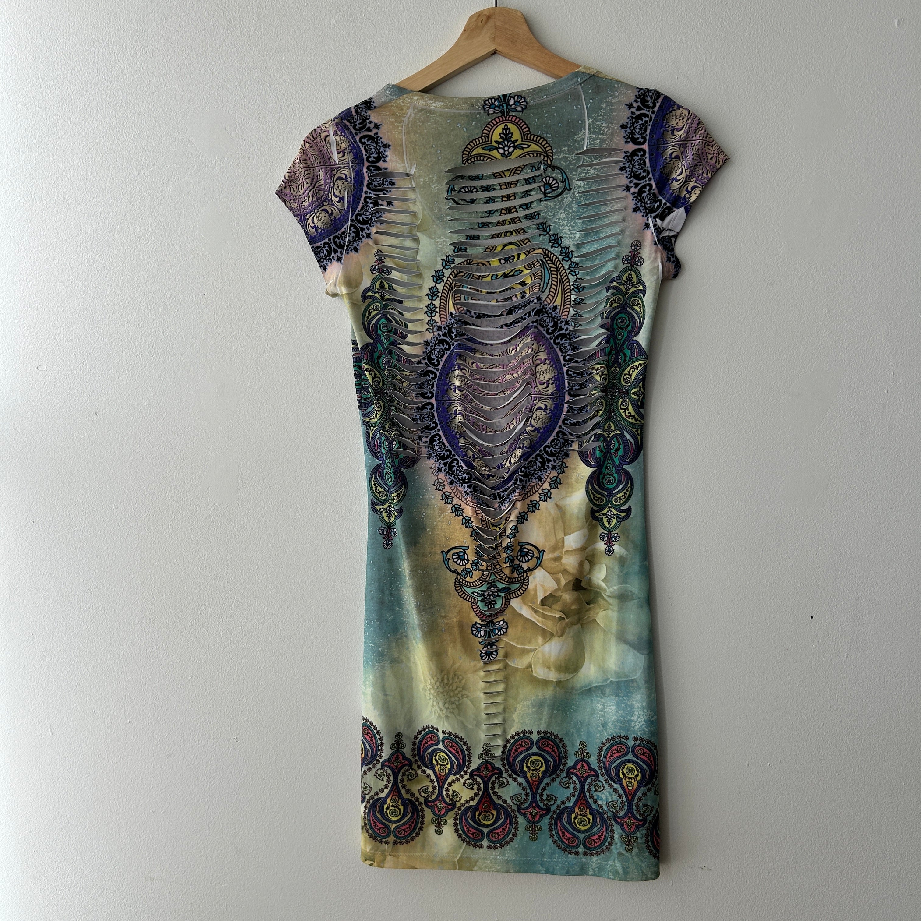 Y2K bedazzled mini dress with slashed back by misko