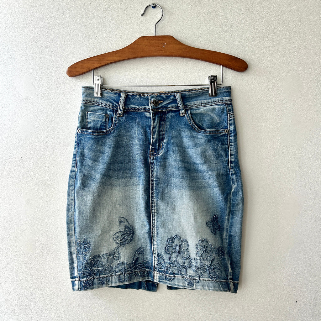 2000s bedazzled denim midi skirt