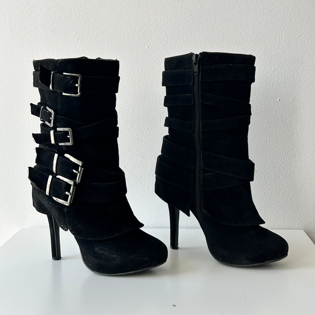 Deadstock belted suede heeled booties by Club Couture