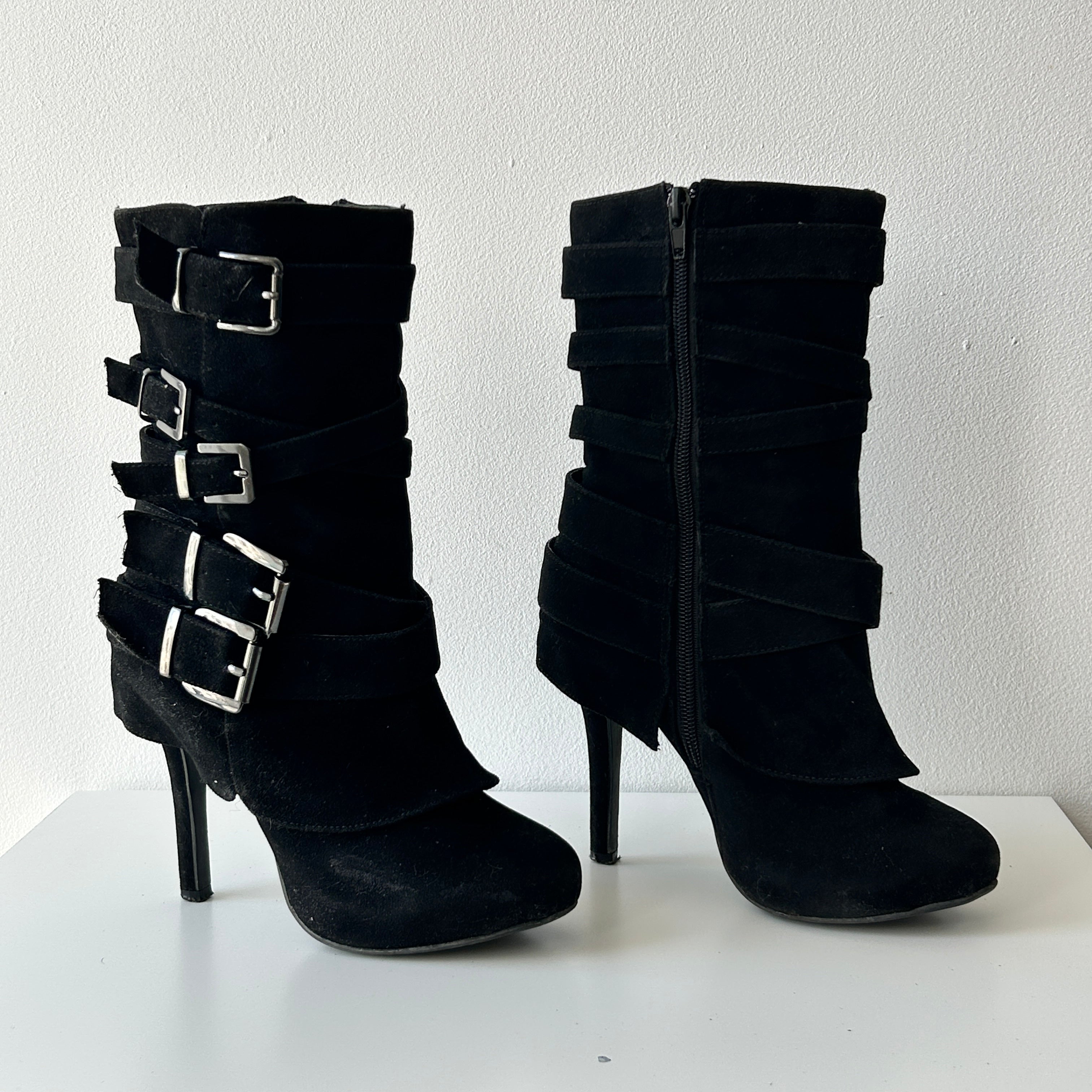 Deadstock belted suede heeled booties by Club Couture
