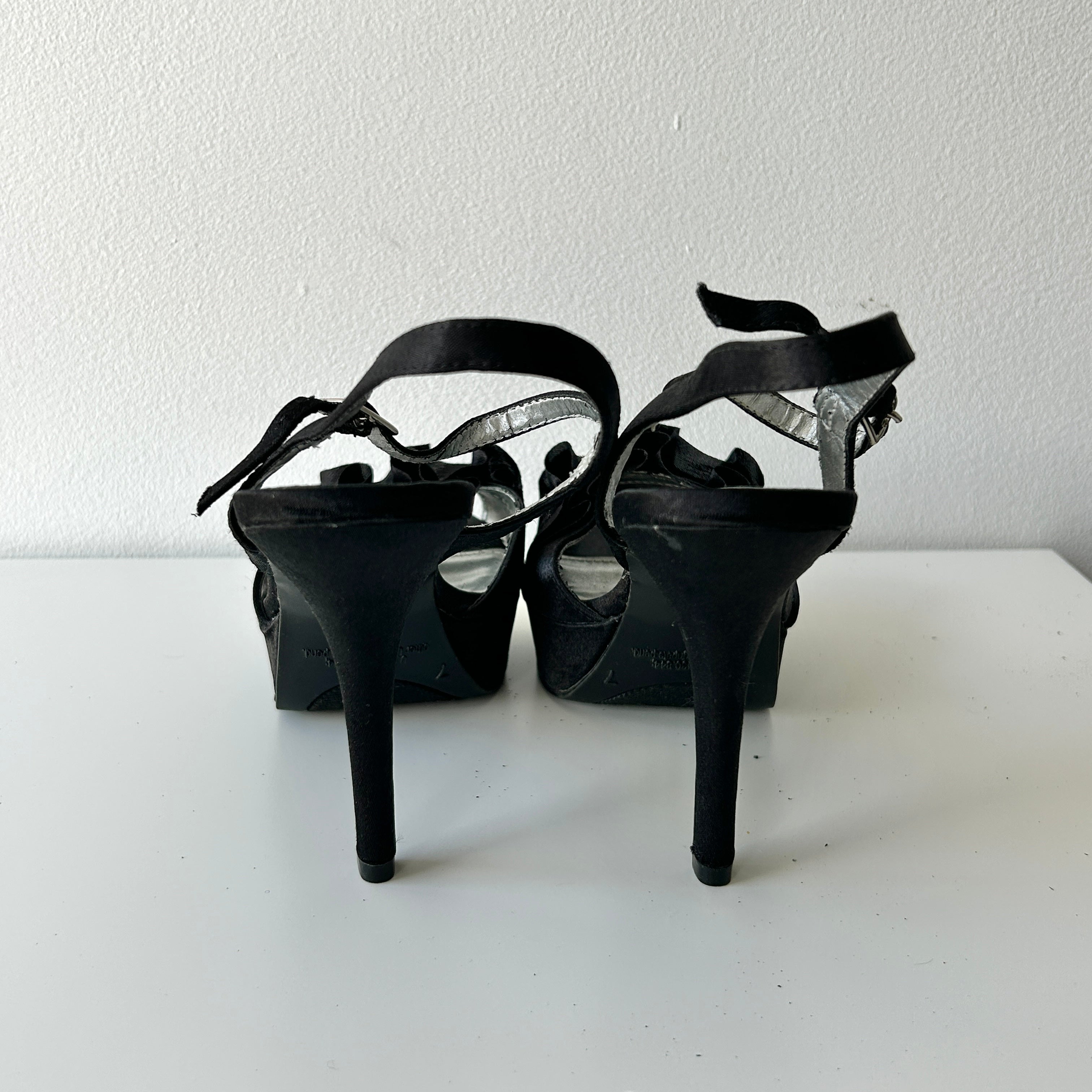 Deadstock ruffle detail satin heeled sandals by Fioni