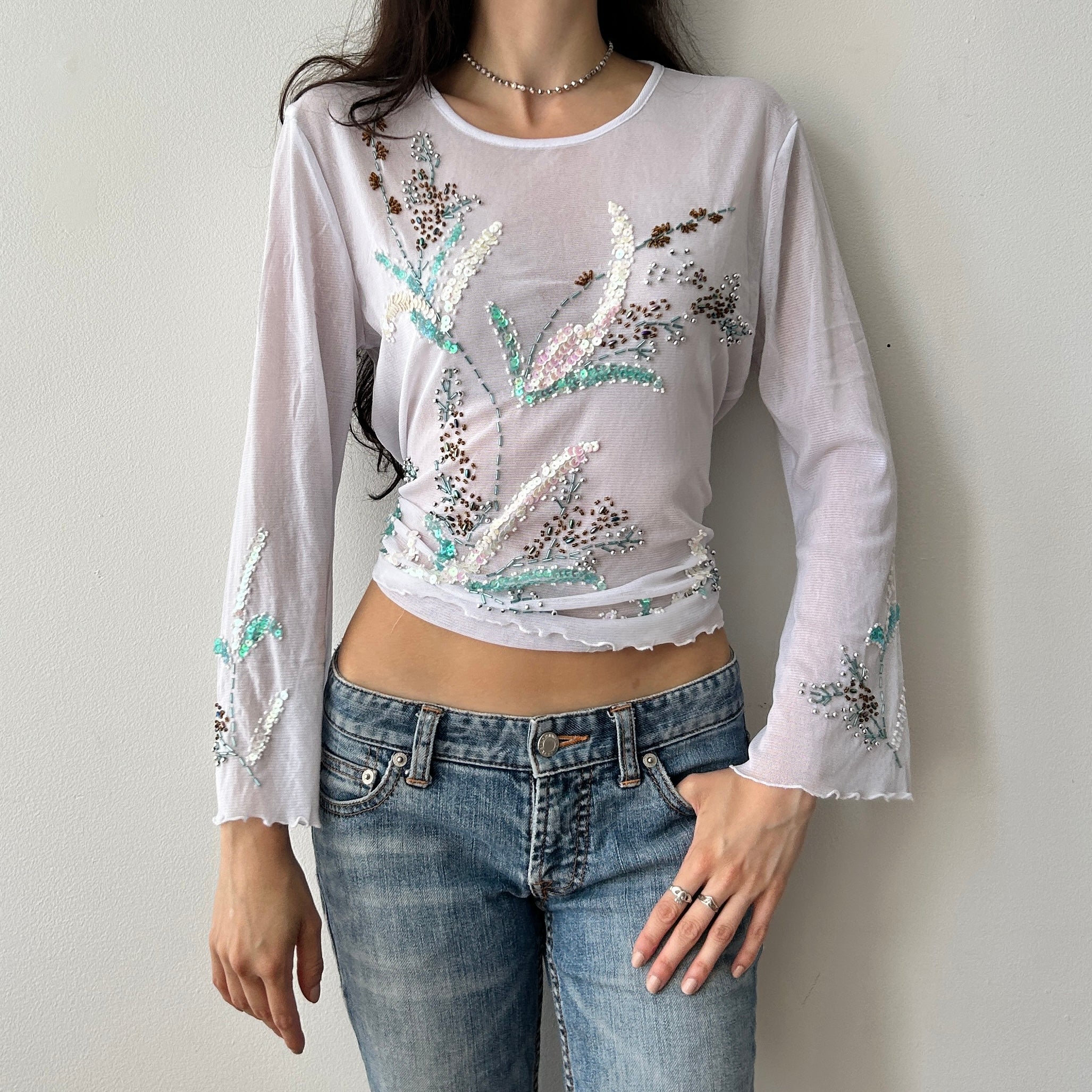 2000s beaded long sleeve white top