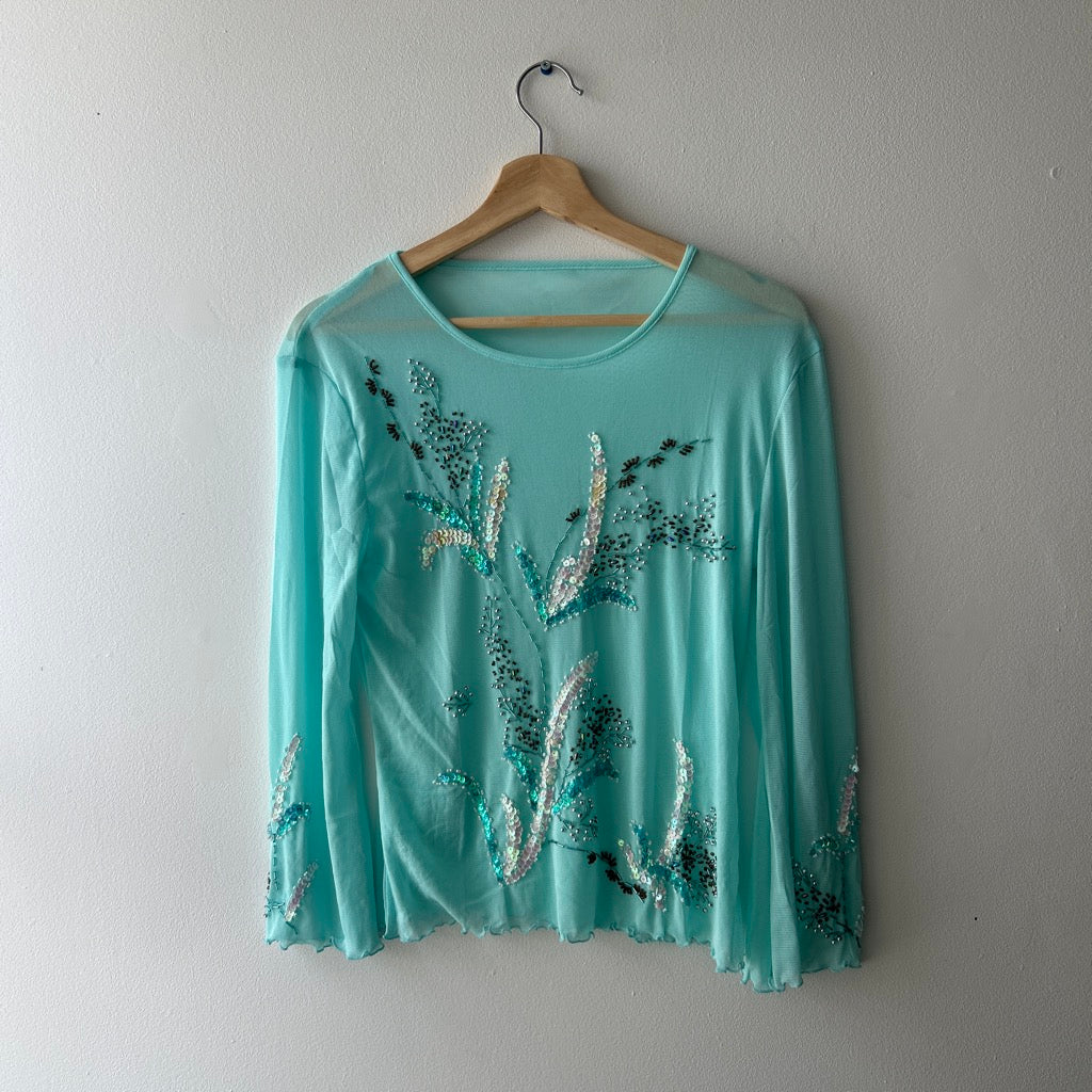 2000s beaded aqua mesh long sleeve top