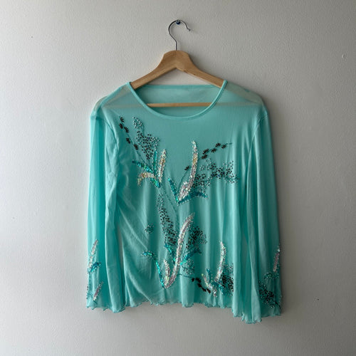2000s beaded aqua mesh long sleeve top