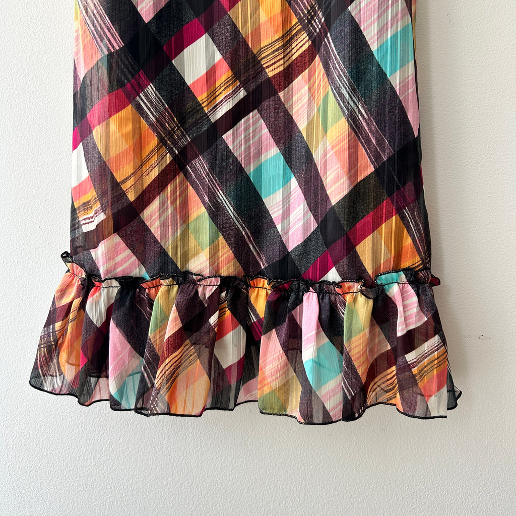 2000s ruffle trim plaid dress by cache cache