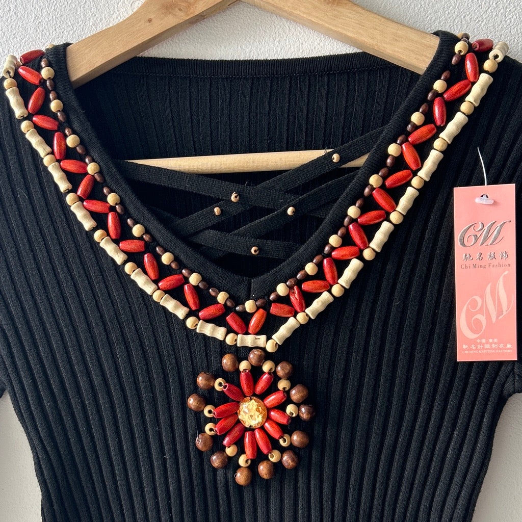 2000s wood beaded knit long sleeve top