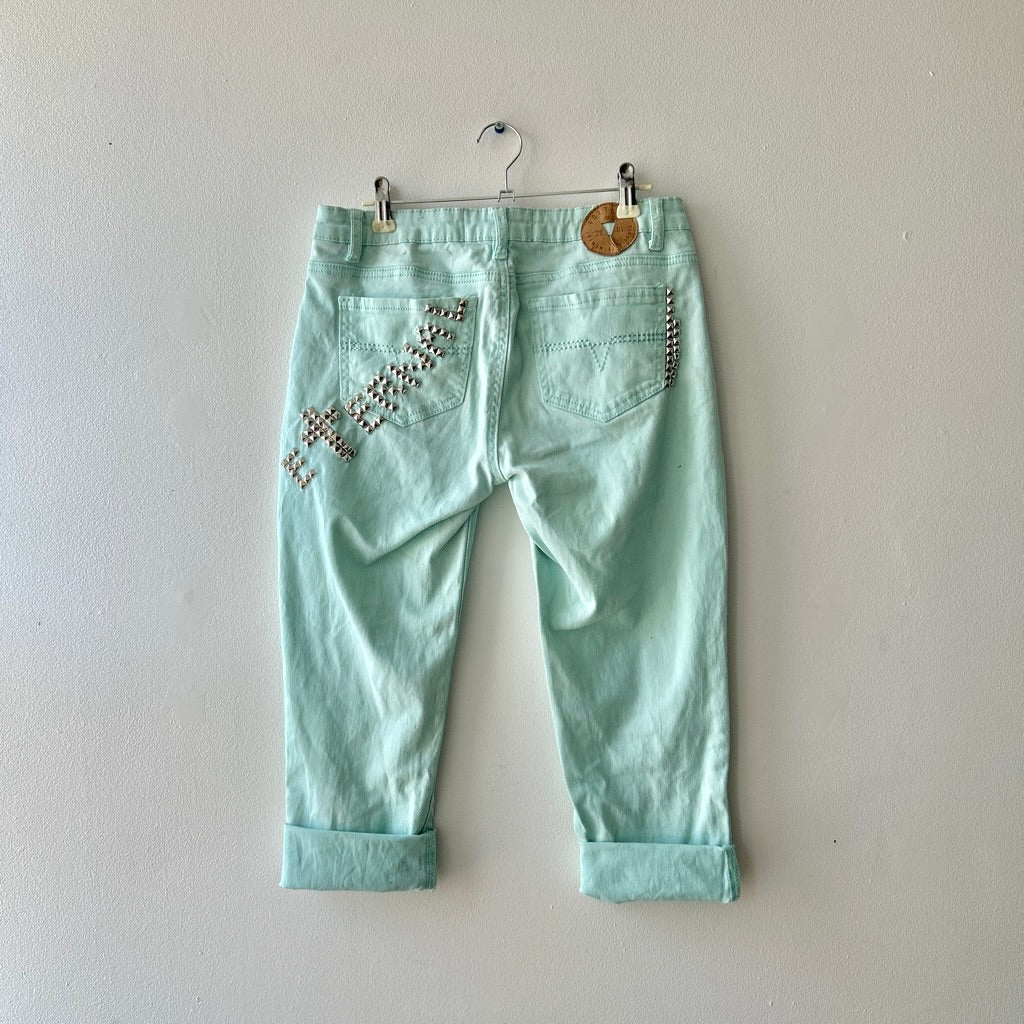 Indie sleaze mint green studded capris (up-cycle)