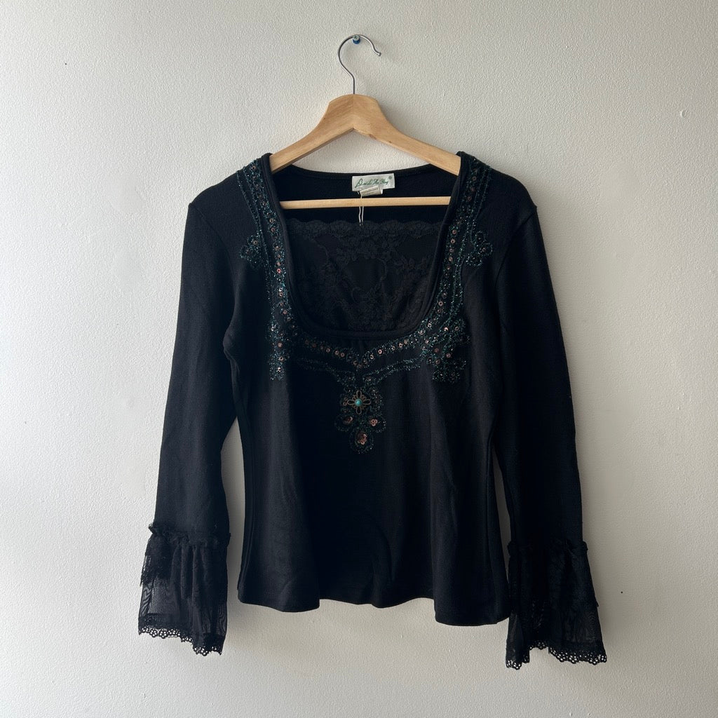 90s beaded lace trim long sleeve top