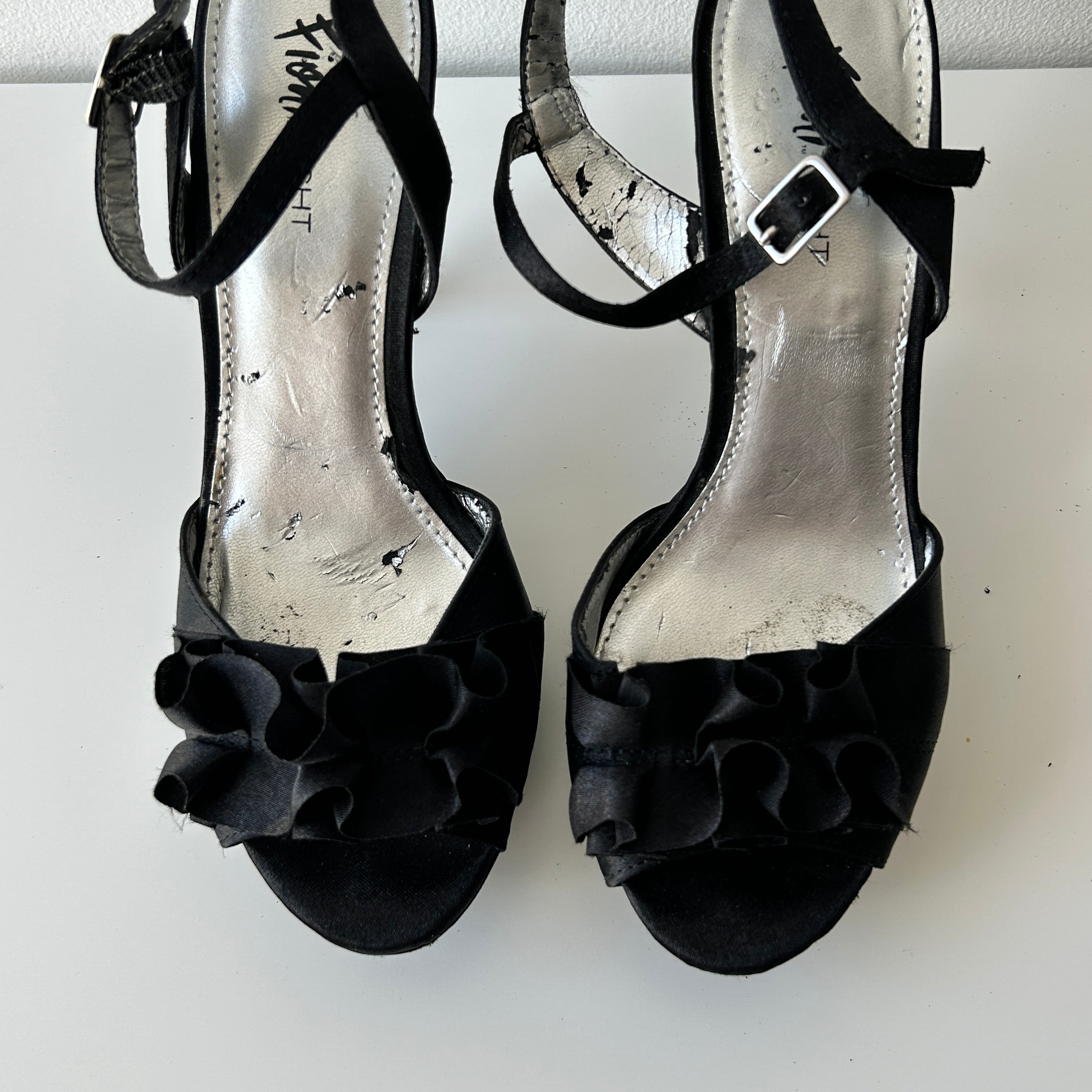 Deadstock ruffle detail satin heeled sandals by Fioni