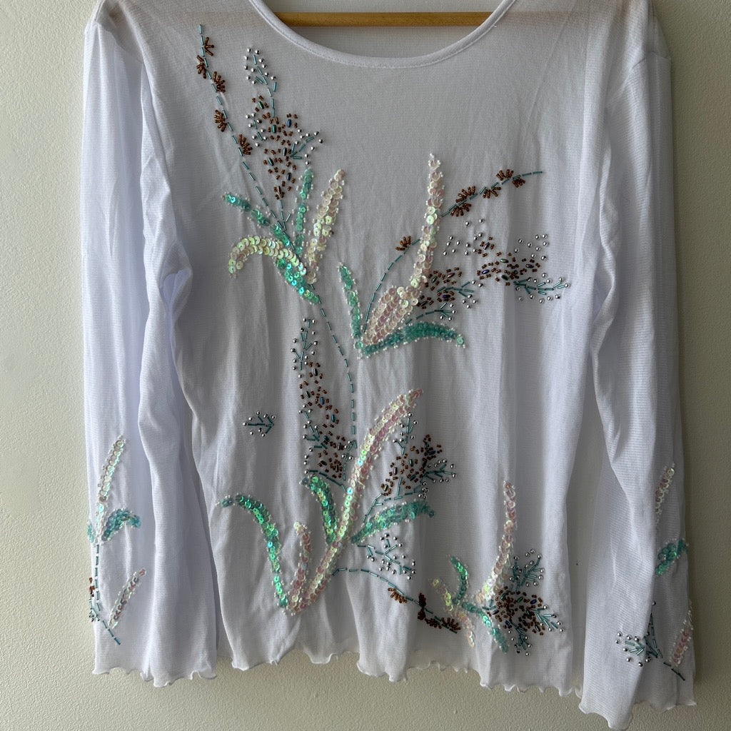 2000s beaded long sleeve white top