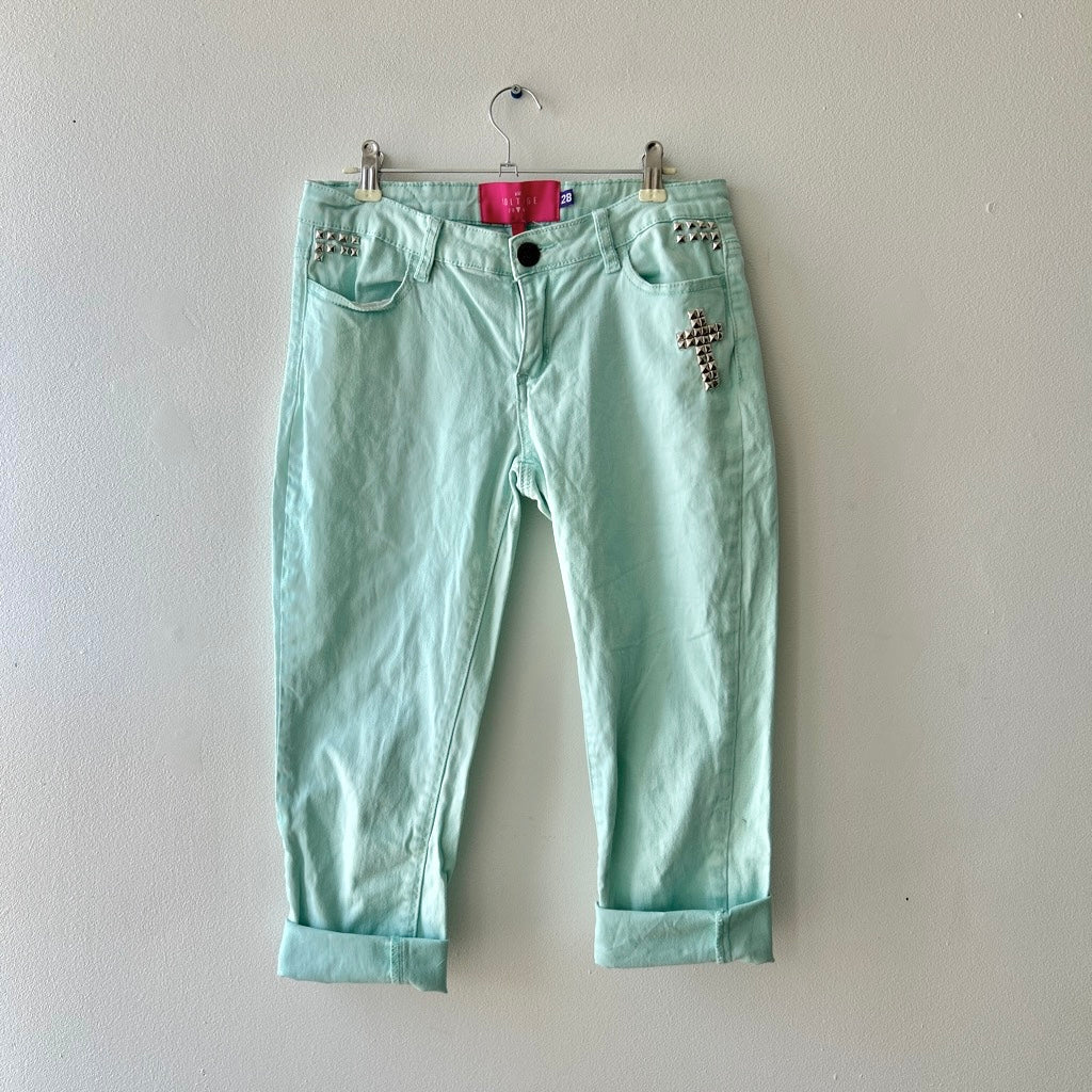 Indie sleaze mint green studded capris (up-cycle)