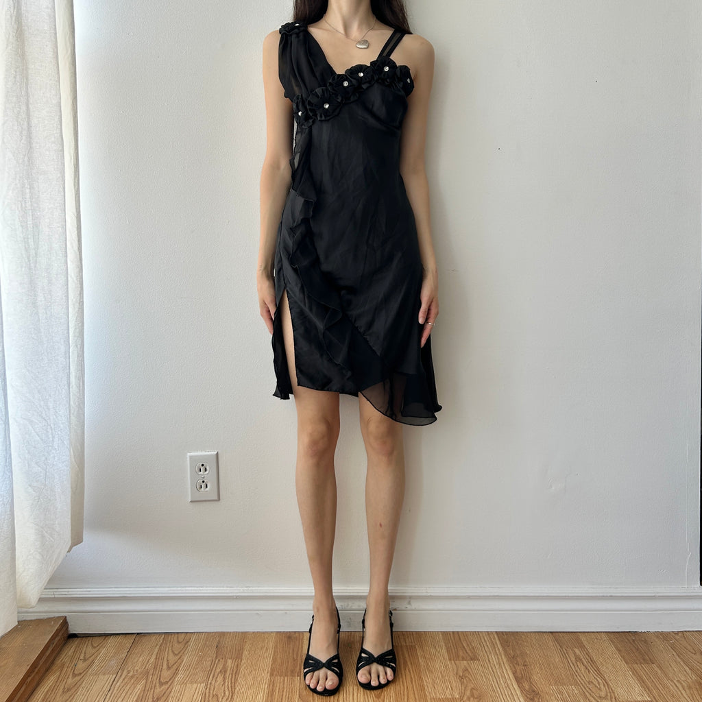 Fairy midi mesh slip dress with flower appliqué and slit