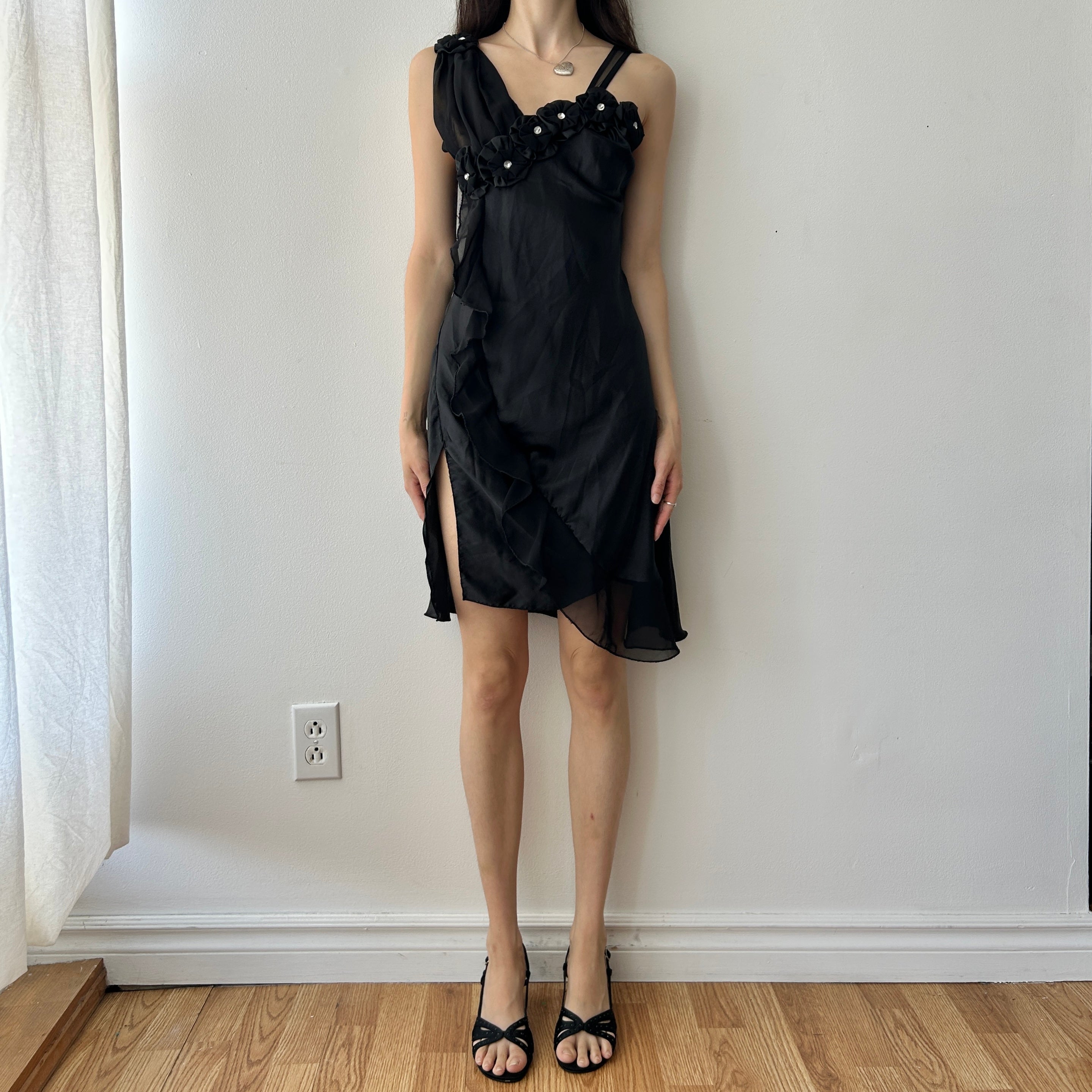 Fairy midi mesh slip dress with flower appliqué and slit