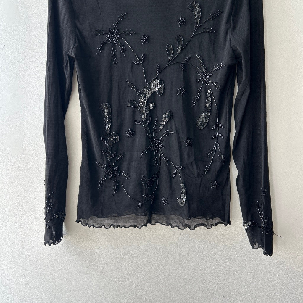 2000s beaded long sleeve black top