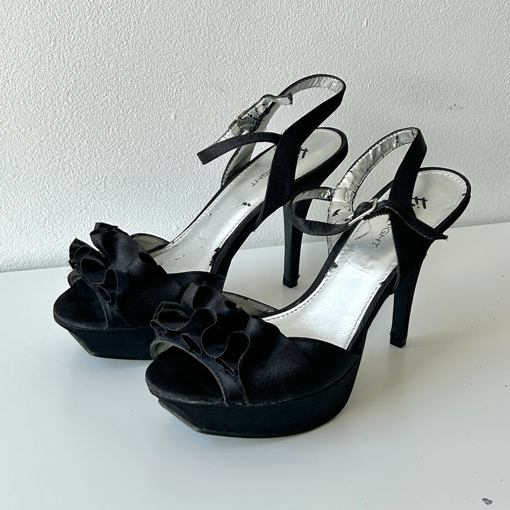 Deadstock ruffle detail satin heeled sandals by Fioni
