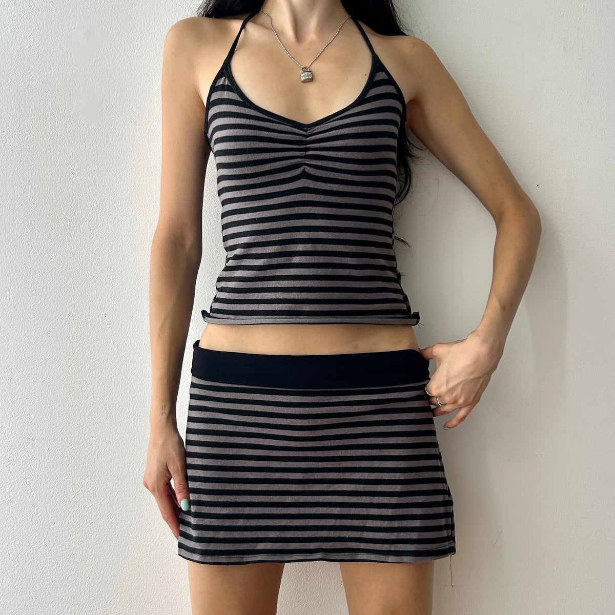 Striped halter top mini skirt set (Up-cycle)