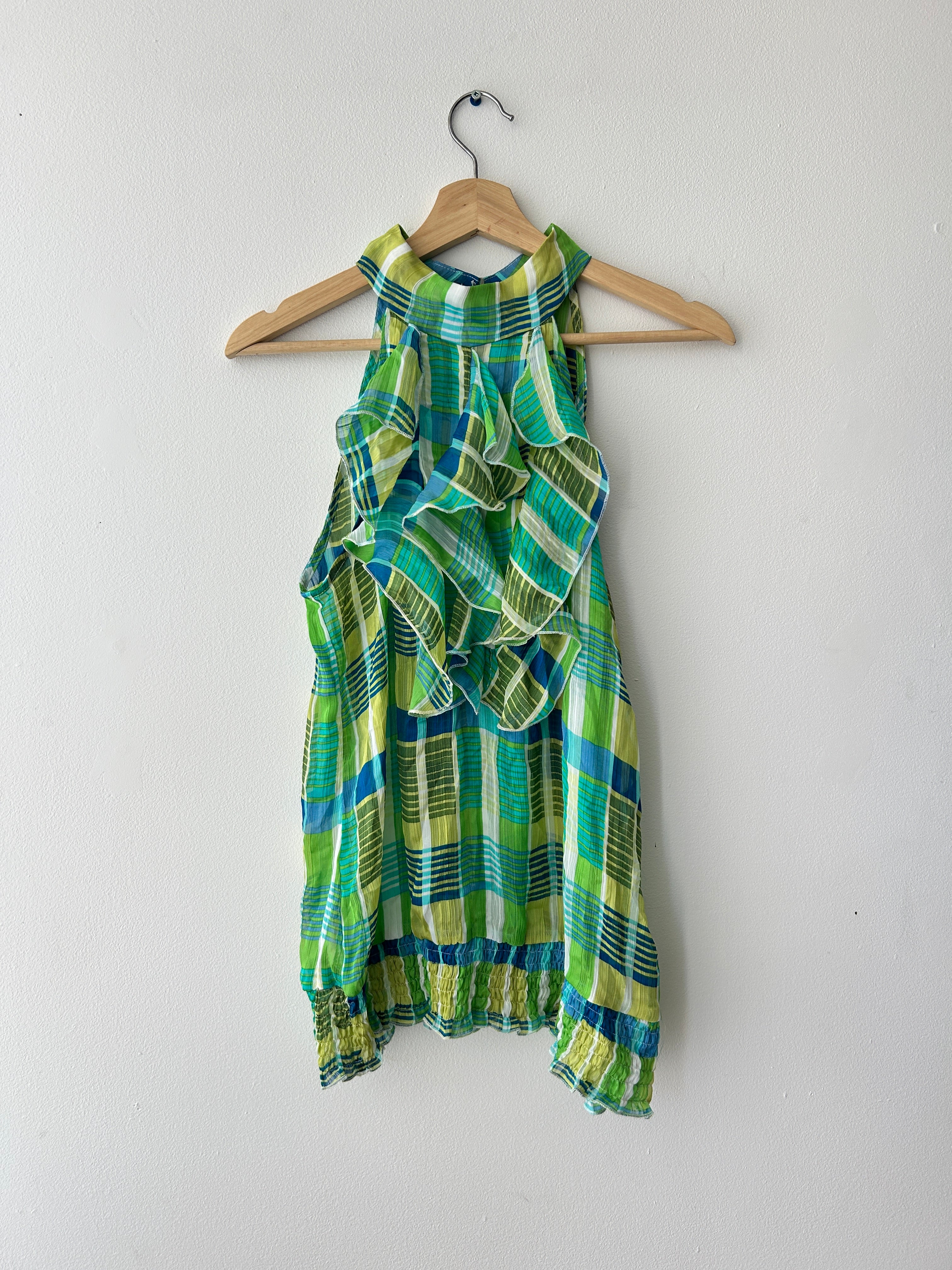 2000s Plaid Ruffle Neck Blouse