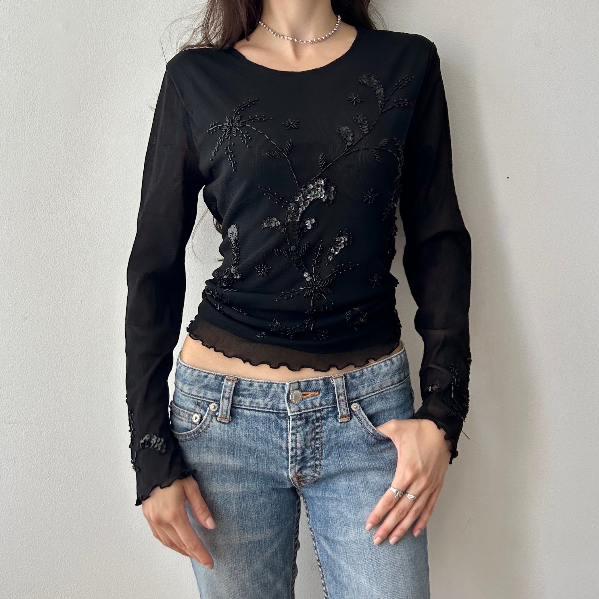 2000s beaded long sleeve black top
