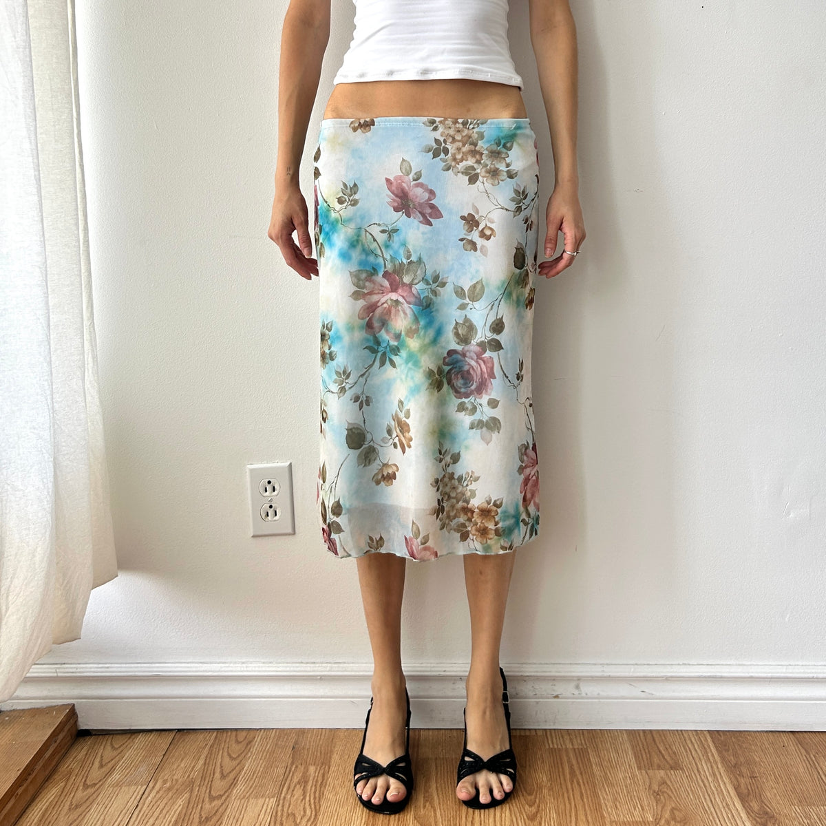 2000s floral mesh midi skirt