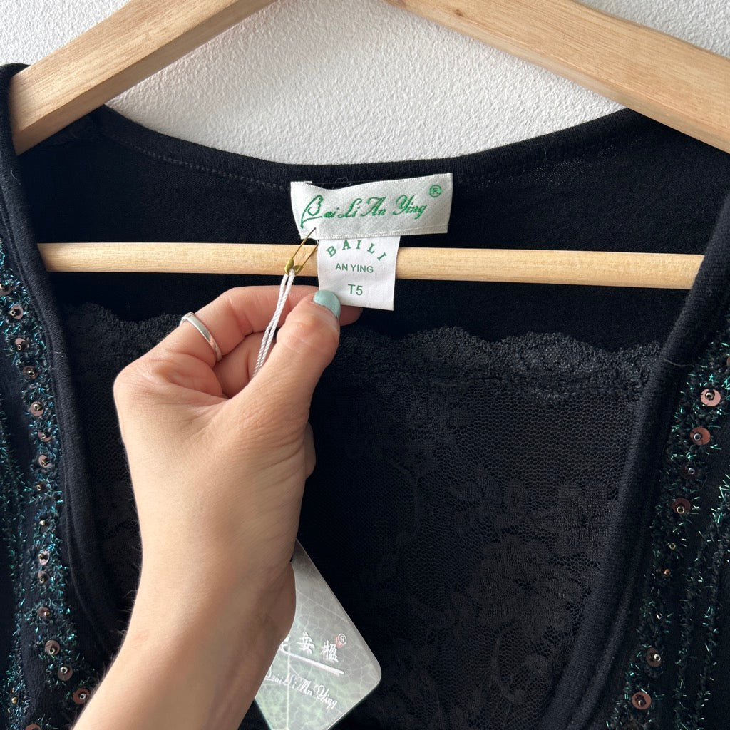 90s beaded lace trim long sleeve top