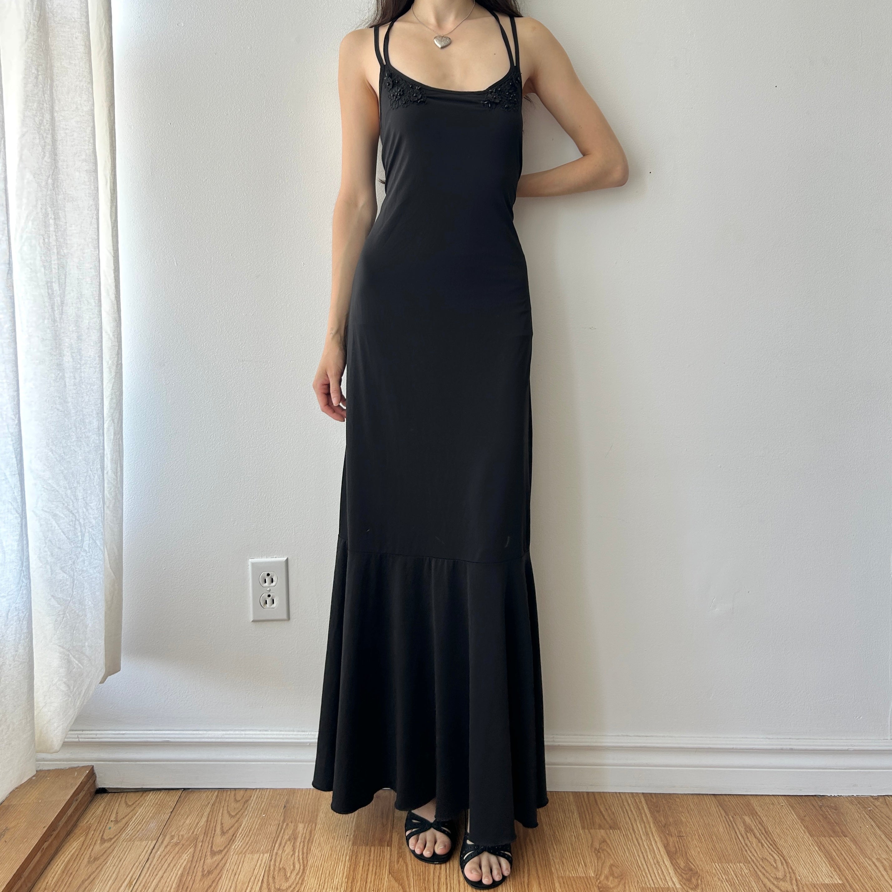 90s maxi dress with floral bead appliqué