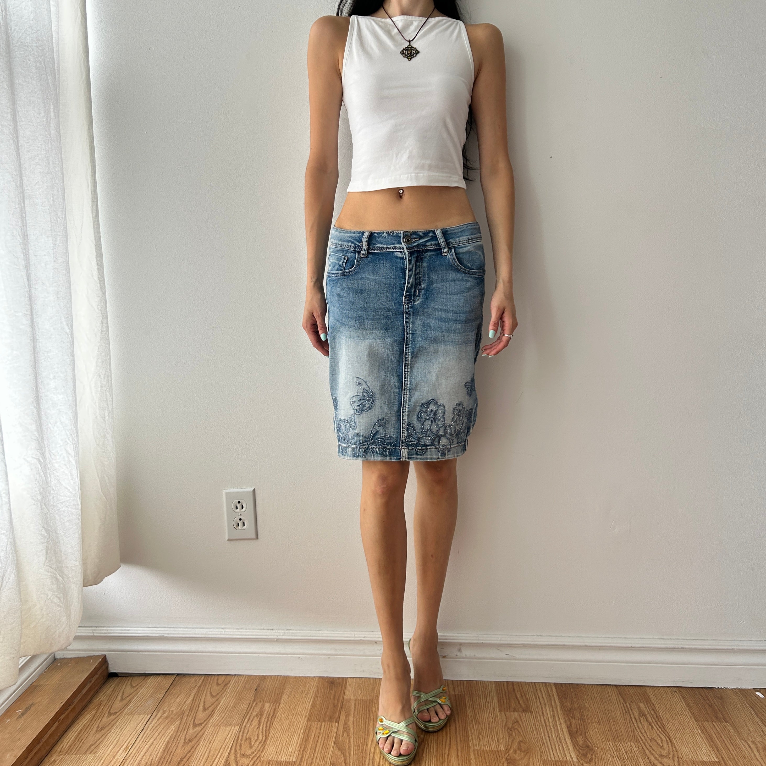 2000s bedazzled denim midi skirt