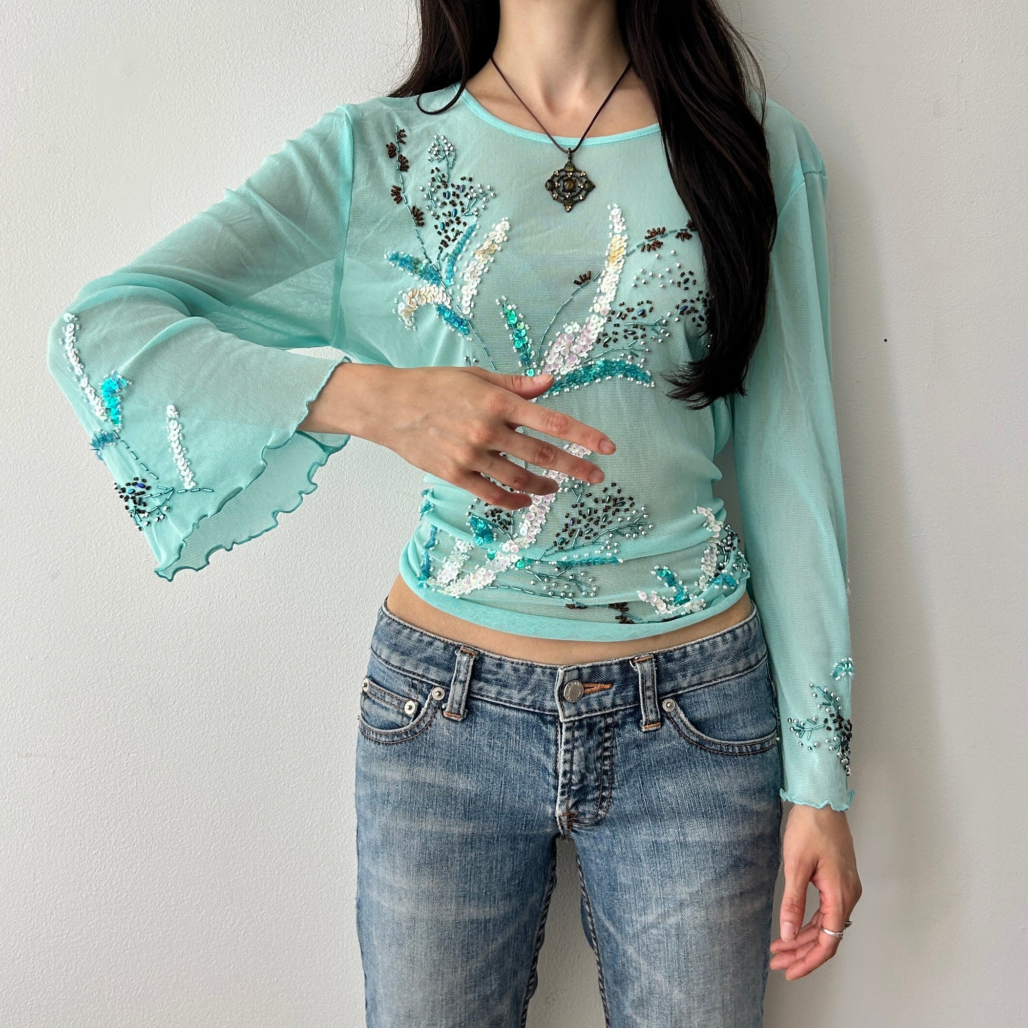 2000s beaded aqua mesh long sleeve top