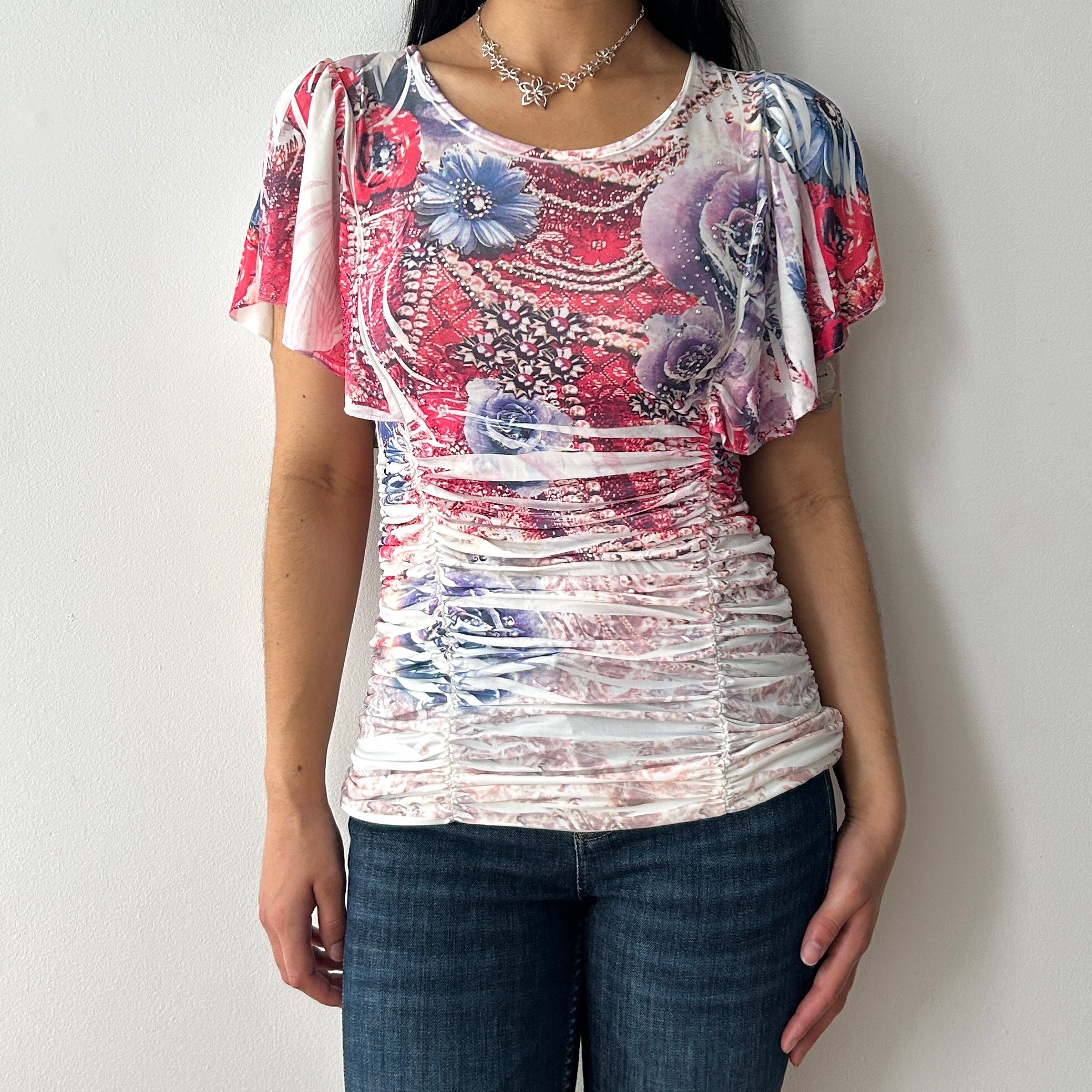 2000s bedazzled slouchy top by candy couture