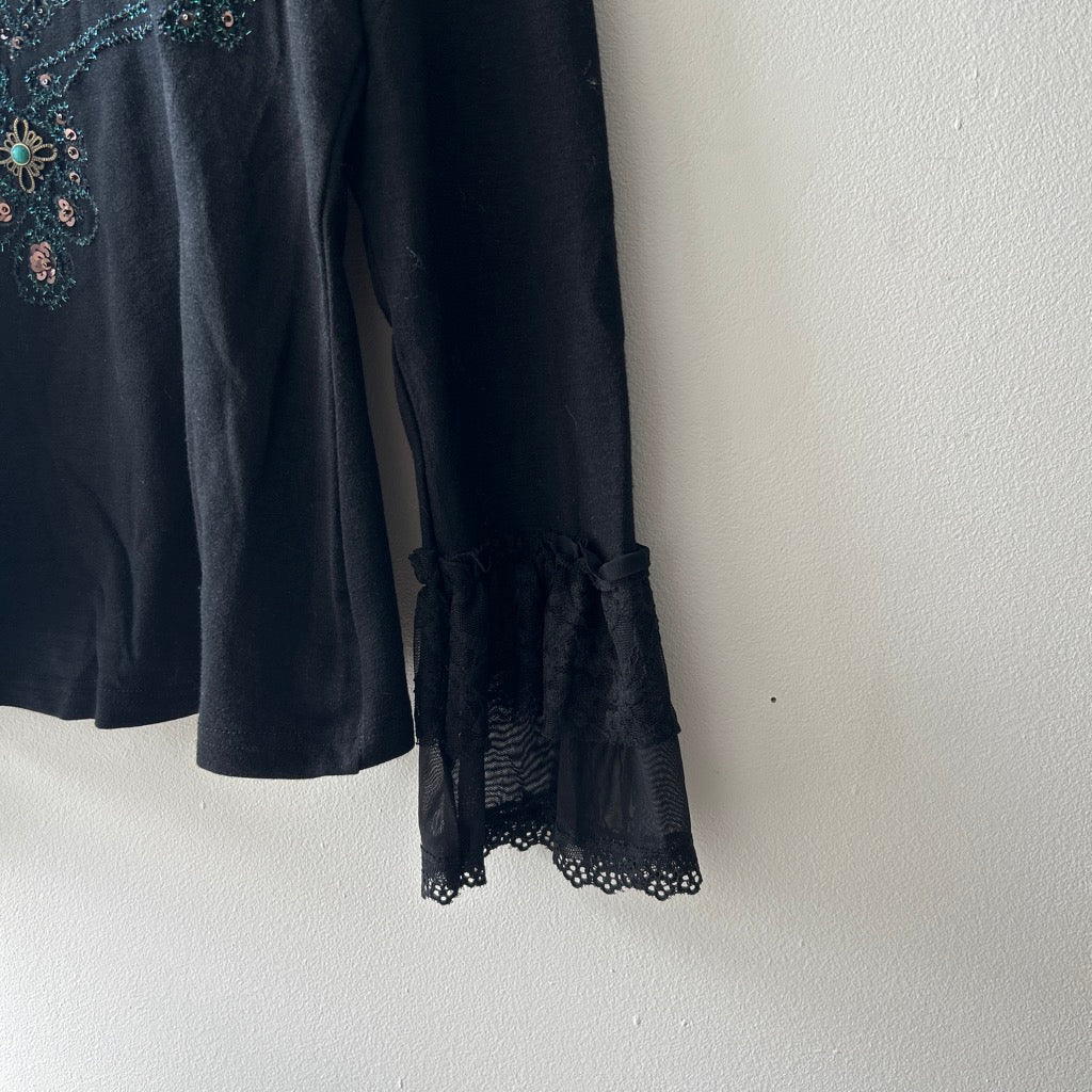 90s beaded lace trim long sleeve top